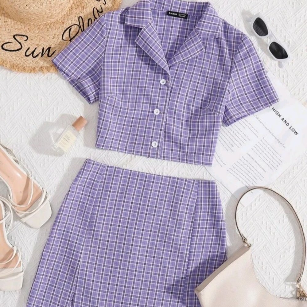 Purple plaid crop top and skirt set